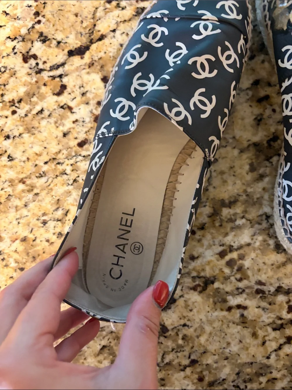 CHANEL Navy Leather CC Logo Espadrilles with White Print
